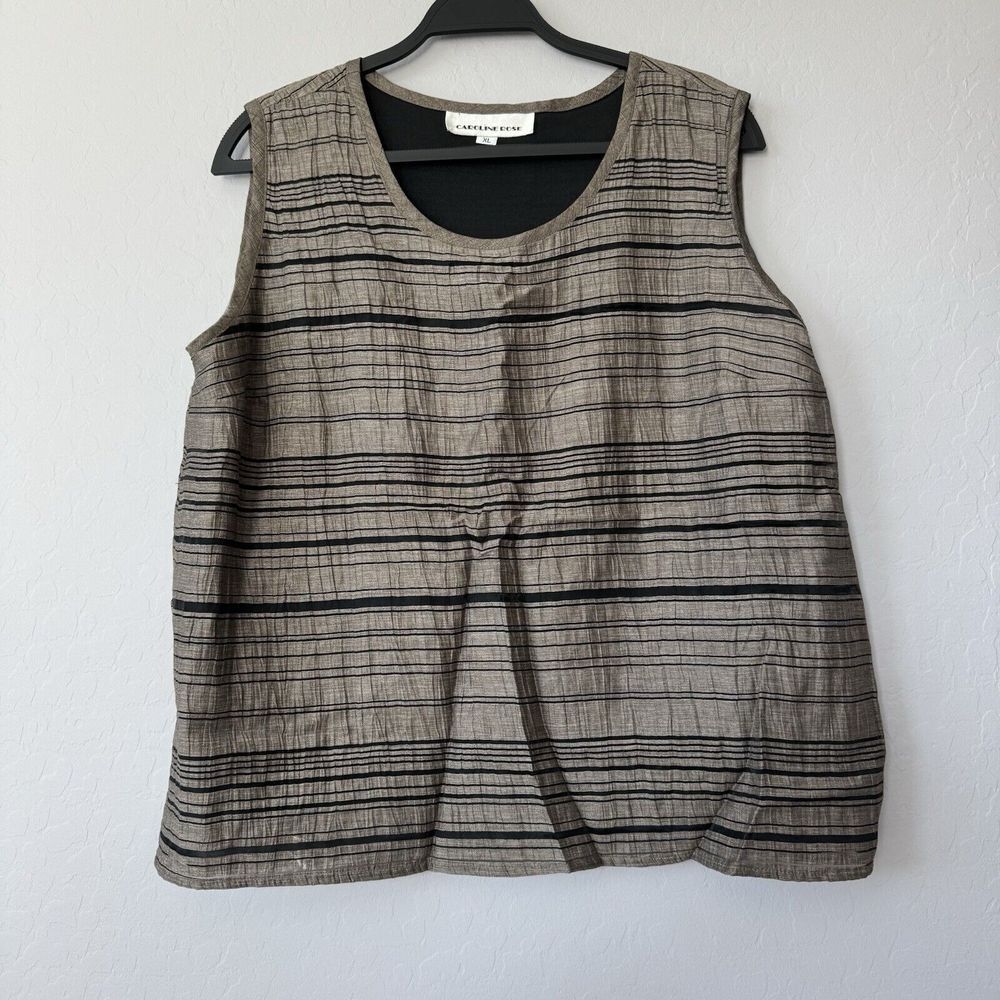 Caroline Rose‎ XLarge Taupe Black Stripe Linen Blend Sleeveless Tank Top